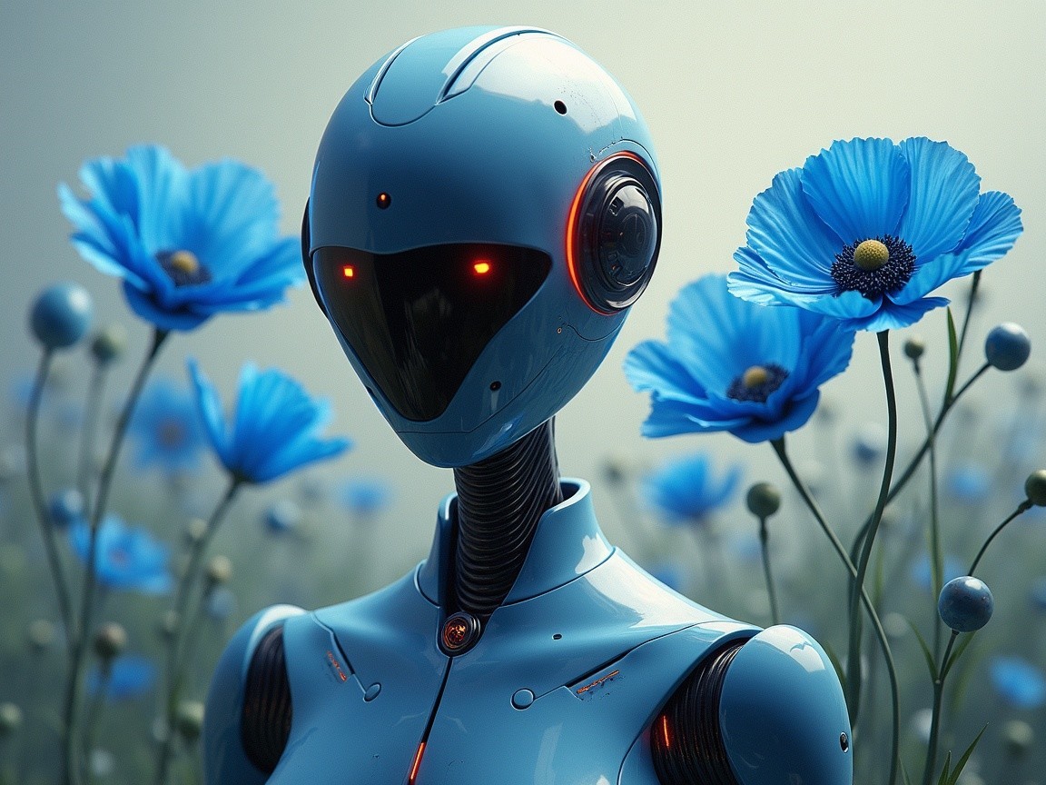 Futuristic Robot Surrounded by Blue Flowers