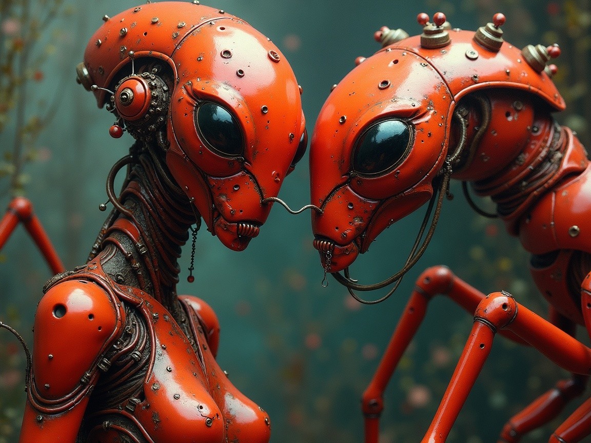Futuristic Red Robotic Ant Figures with Glossy Eyes