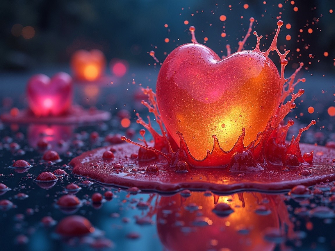 Glowing Heart Object in Vibrant Red Liquid Scene