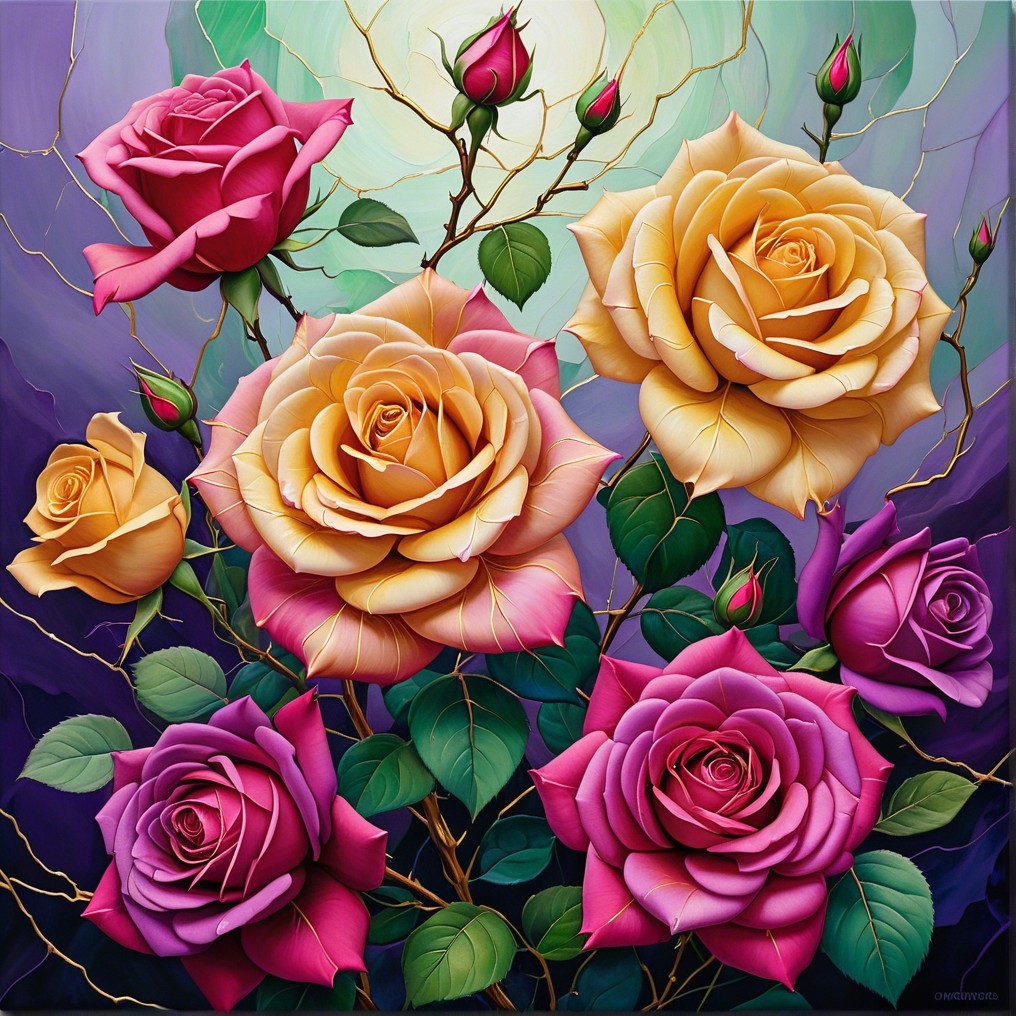 Vibrant Composition of Multicolored Roses and Leaves