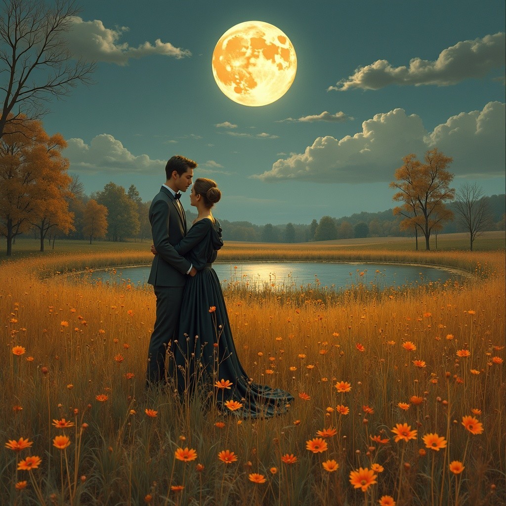 Romantic Scene Under Full Moon by Tranquil Lake