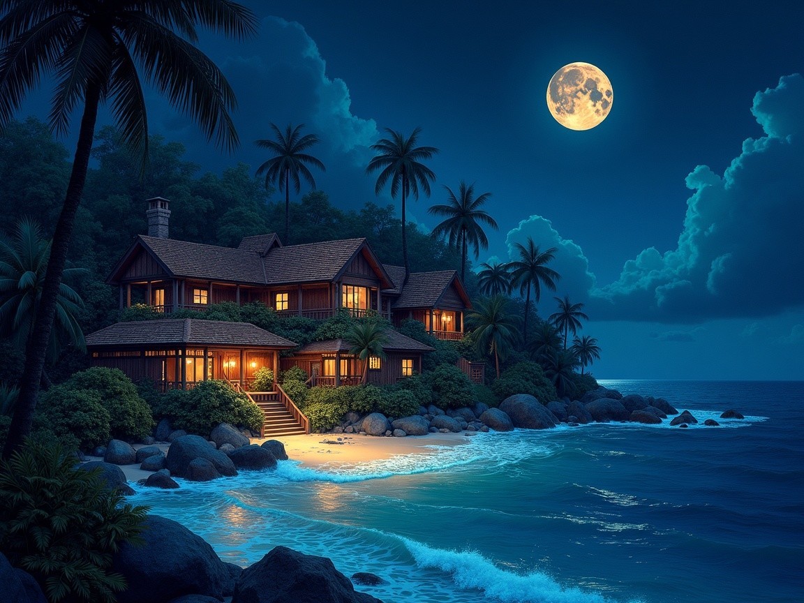 Beachside Cottage Under Moonlit Sky and Palm Trees