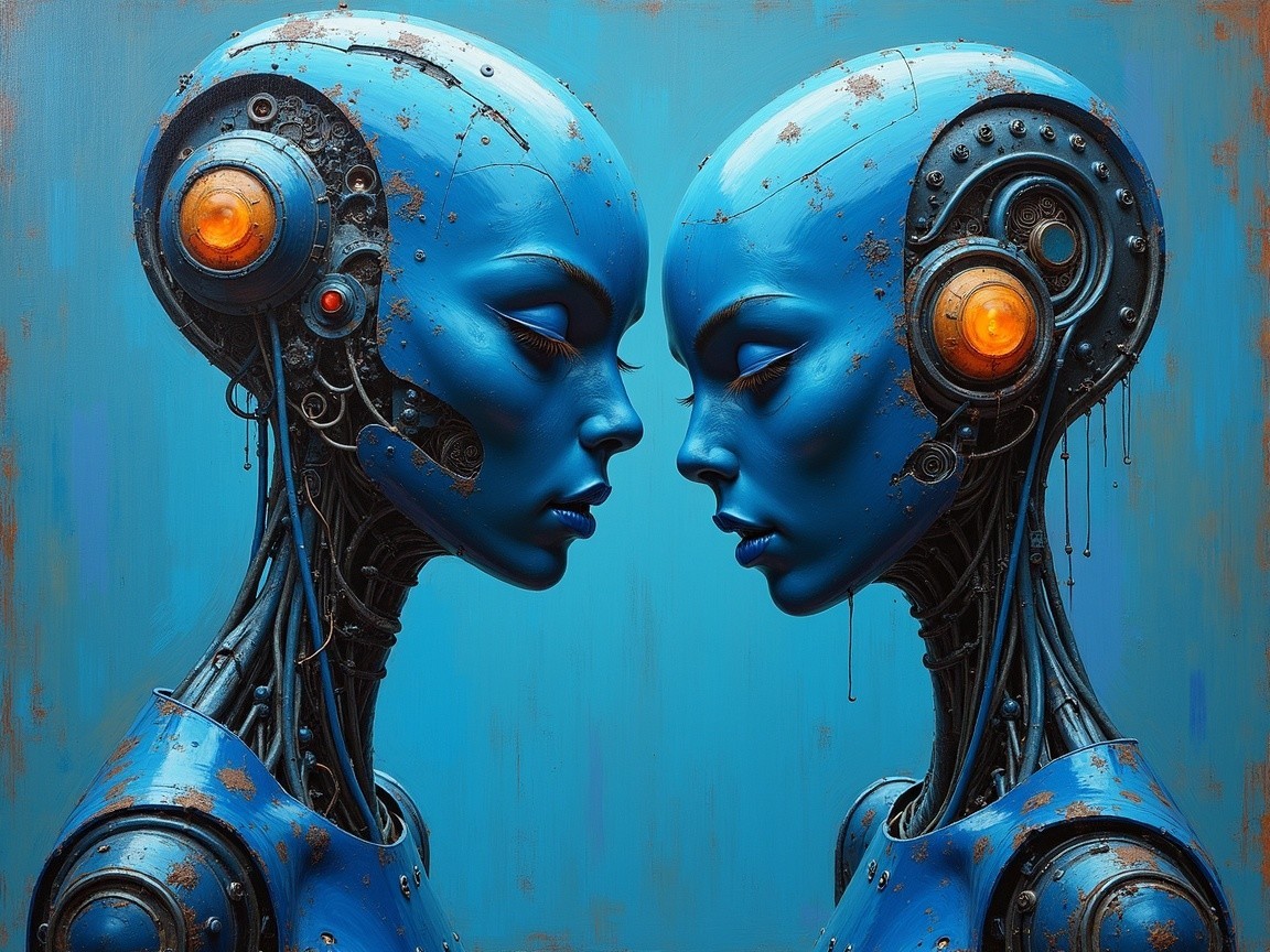 Symmetrical robotic figures with blue skin and details