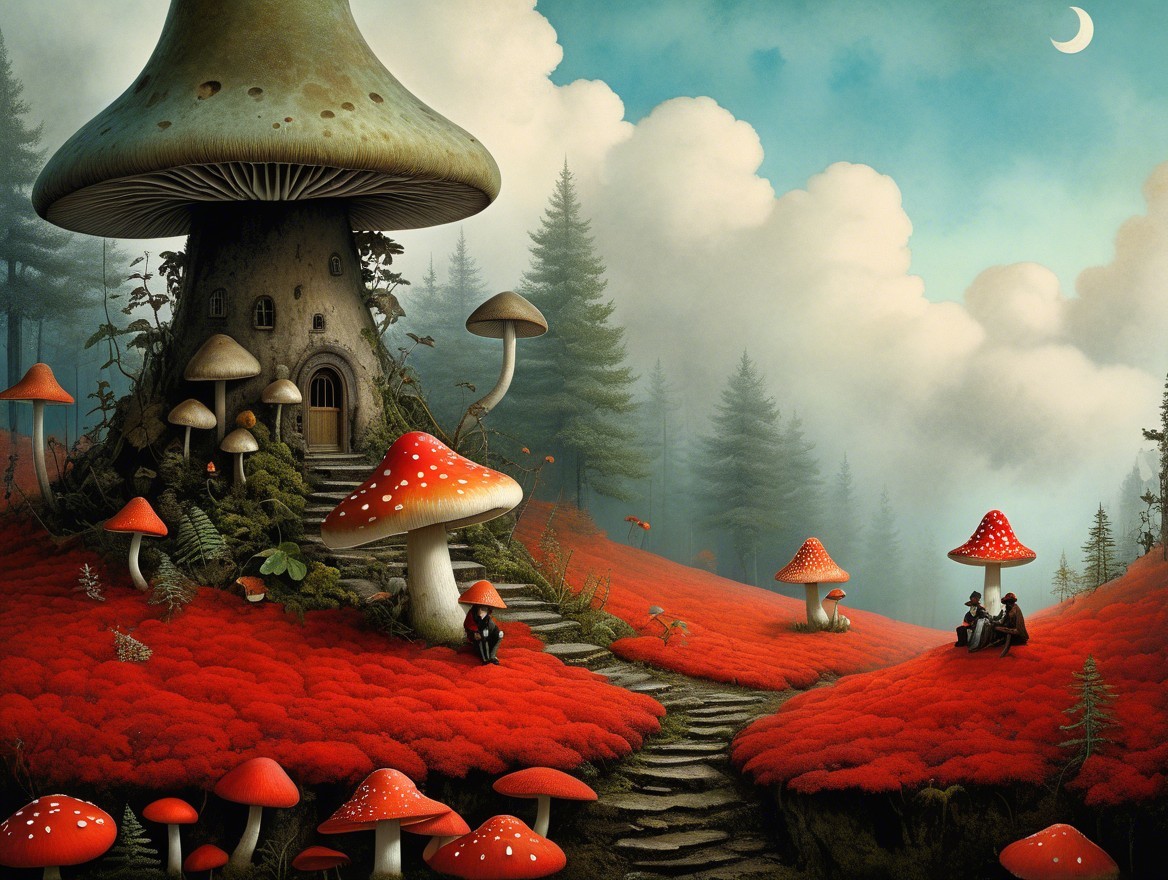 Whimsical Landscape with Mushroom House and Figures