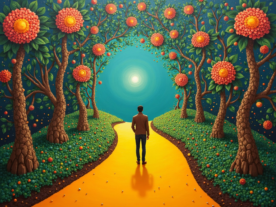 Surreal Landscape with Golden Pathway and Whimsical Forest
