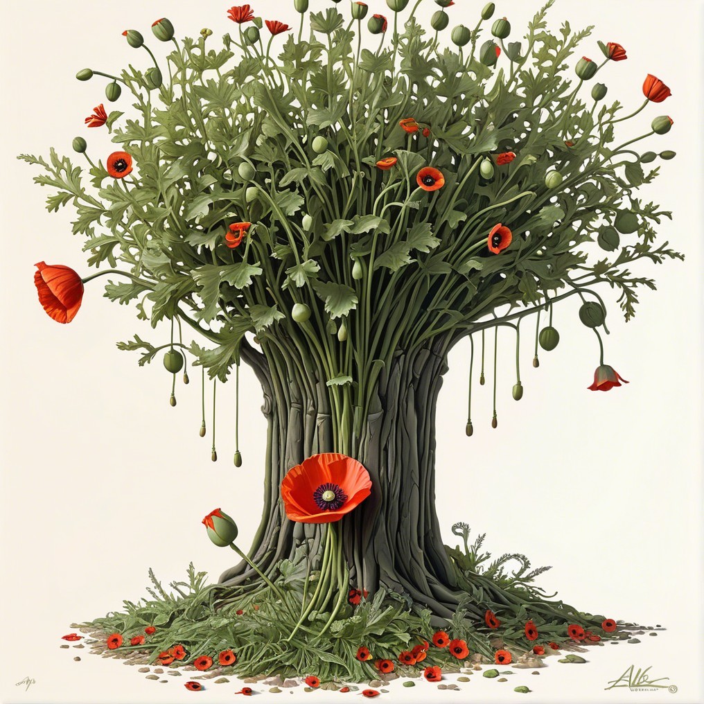 Surreal Tree with Green Stems and Red Poppy Flowers