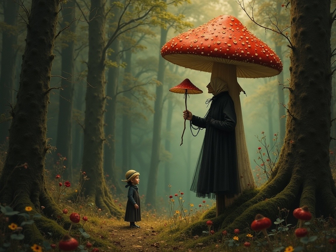 Large Red Mushroom in Enchanted Forest with Child