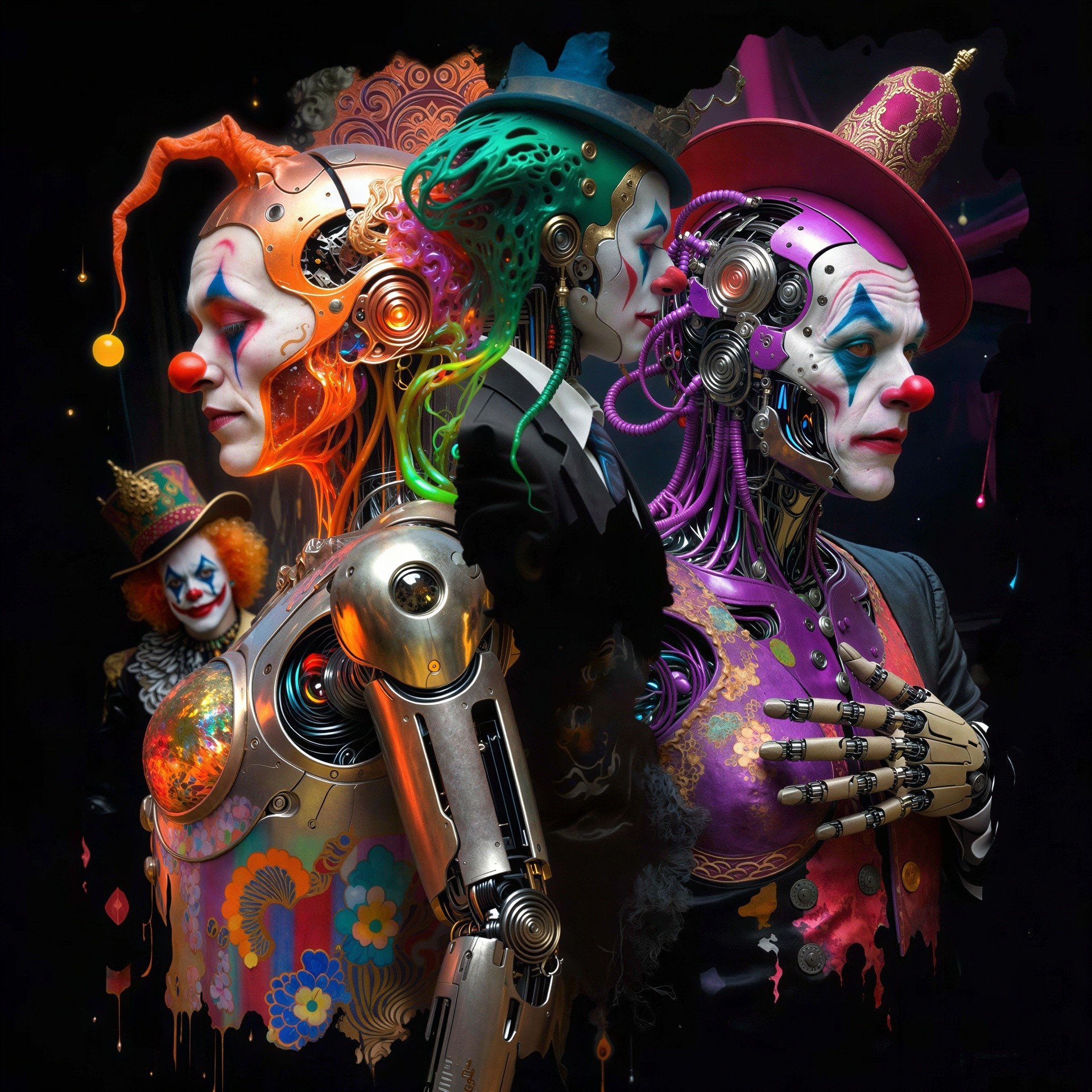 Three Unique Clown Robot Figures in Detailed Illustration