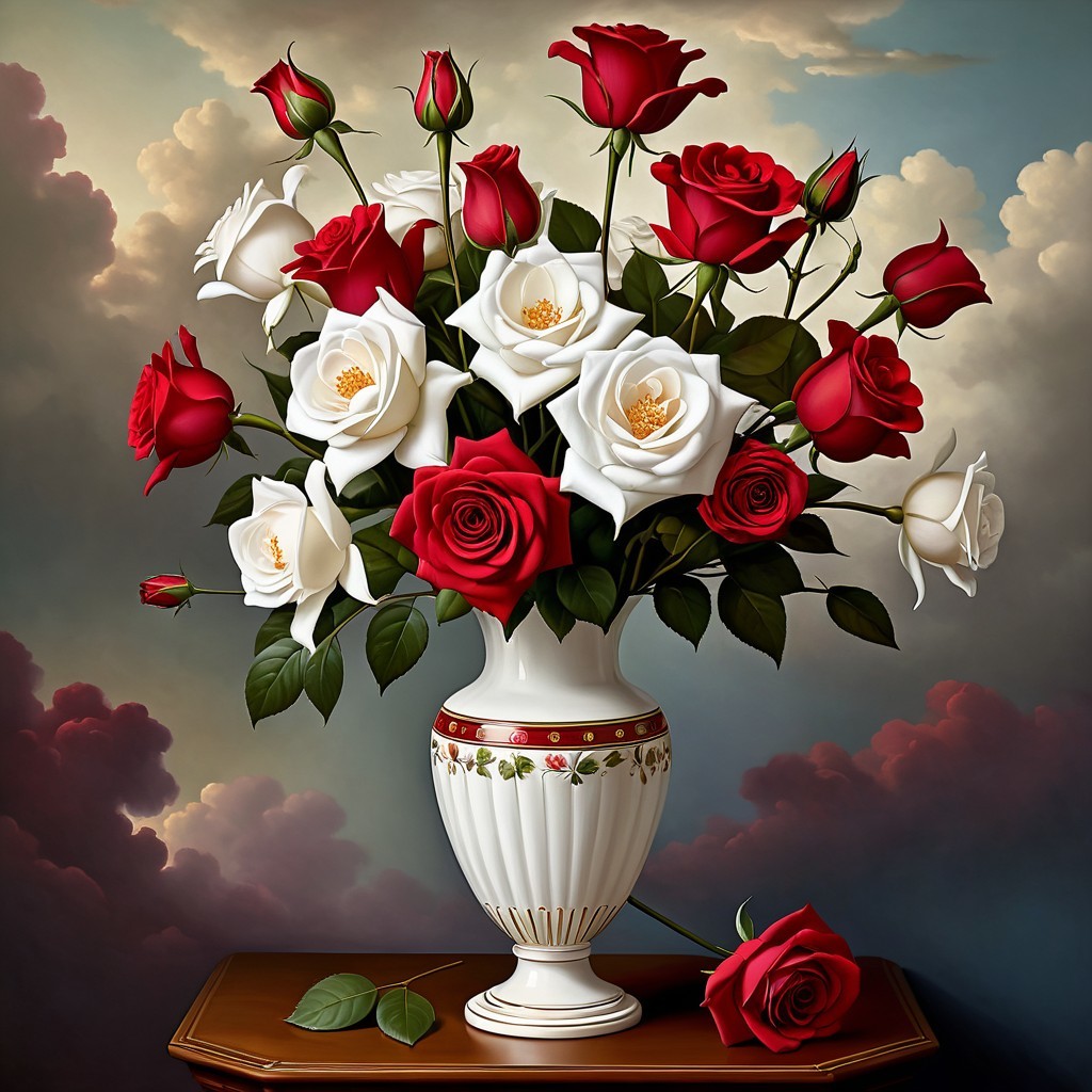 Ornate vase with red and white roses and greenery