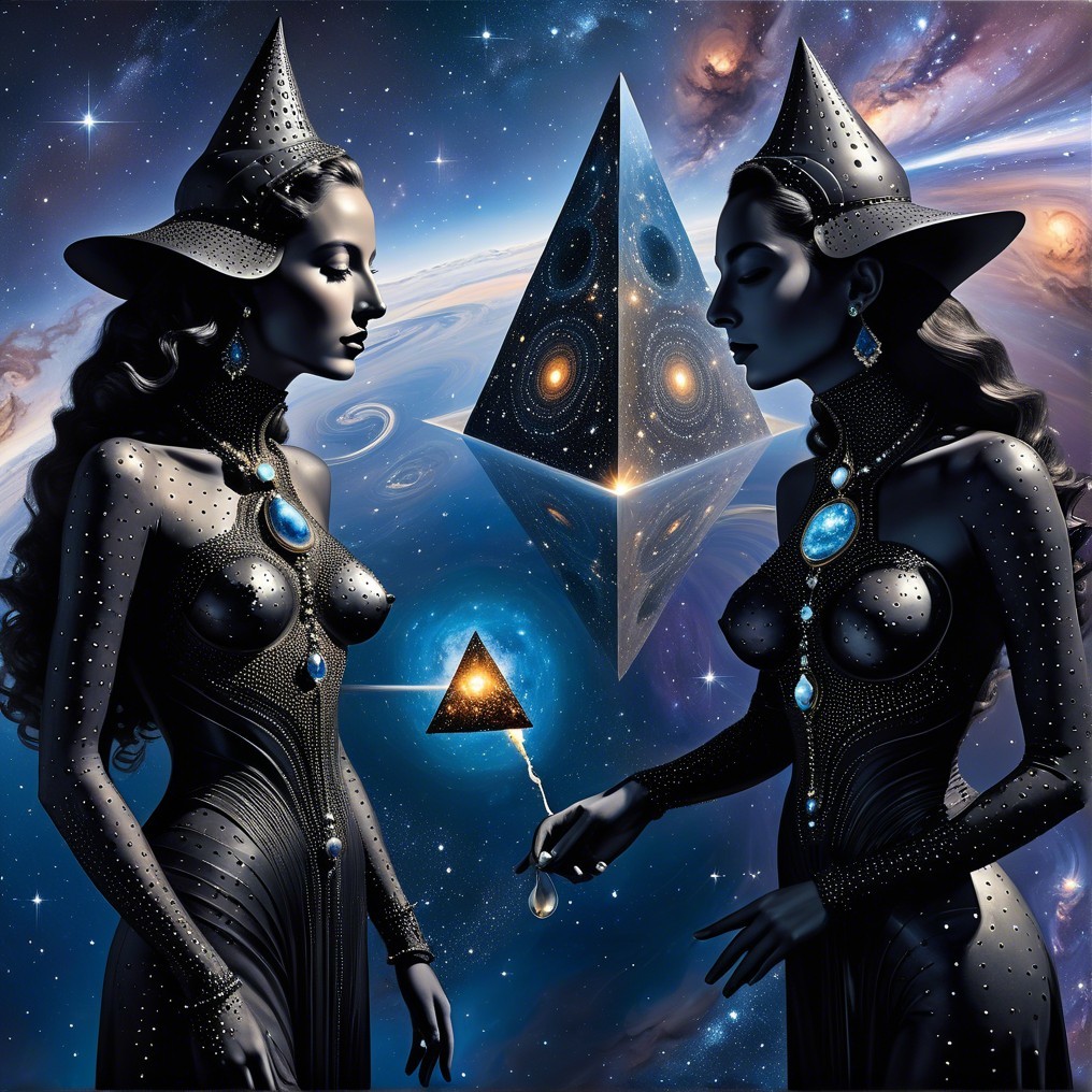 Elegant figures in black garments against a cosmic backdrop