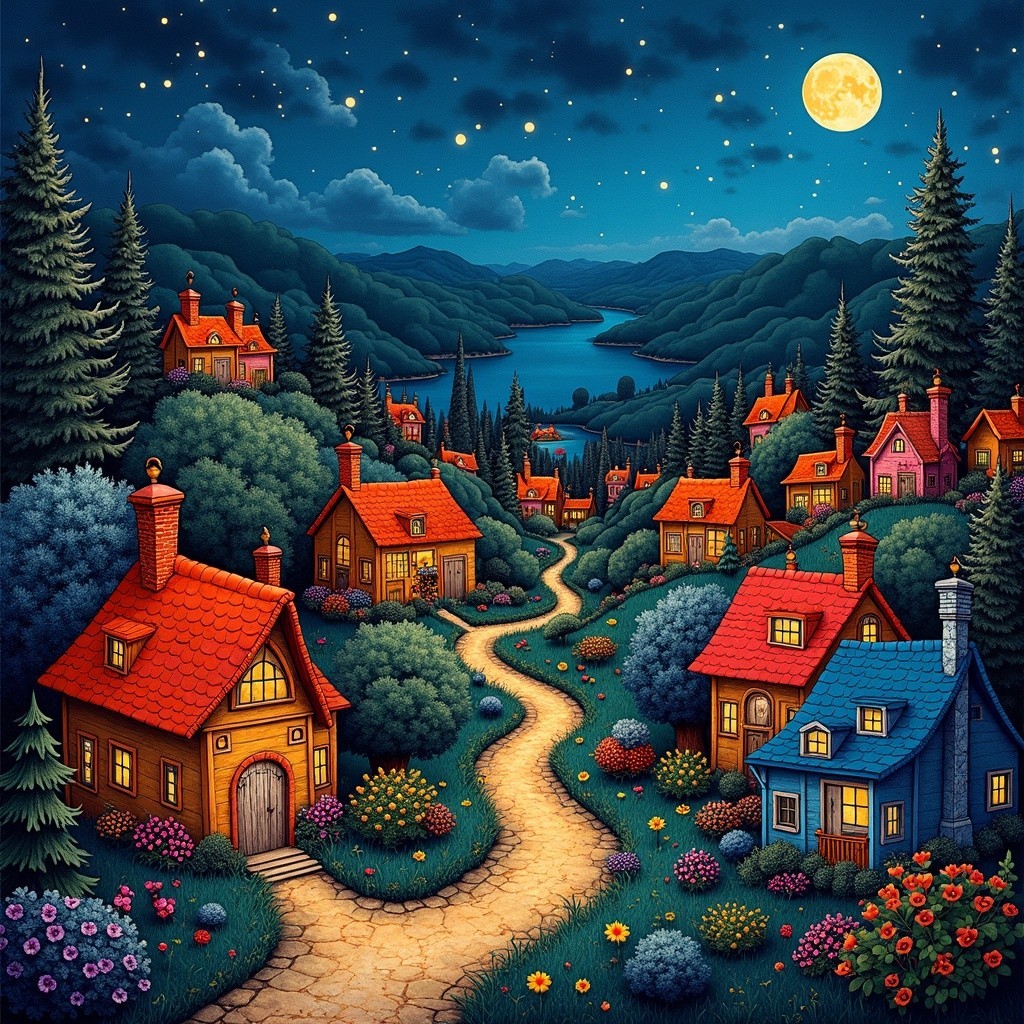 Serene Nighttime Scene with Colorful Houses and Lake