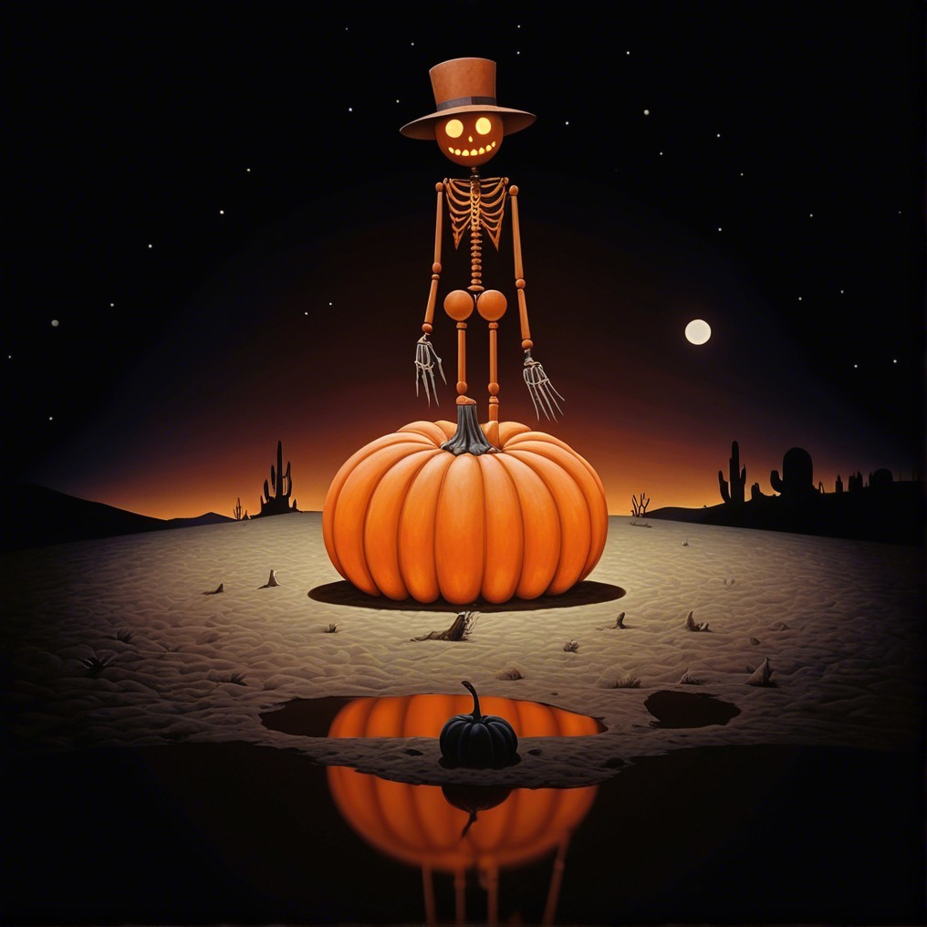 Skeleton in Top Hat on Pumpkin in Moonlit Desert