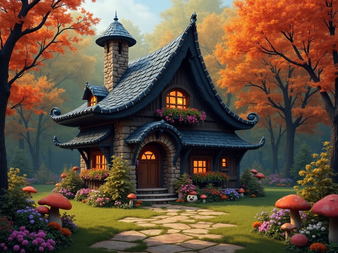 Whimsical House Surrounded by Autumn Foliage and Mushrooms