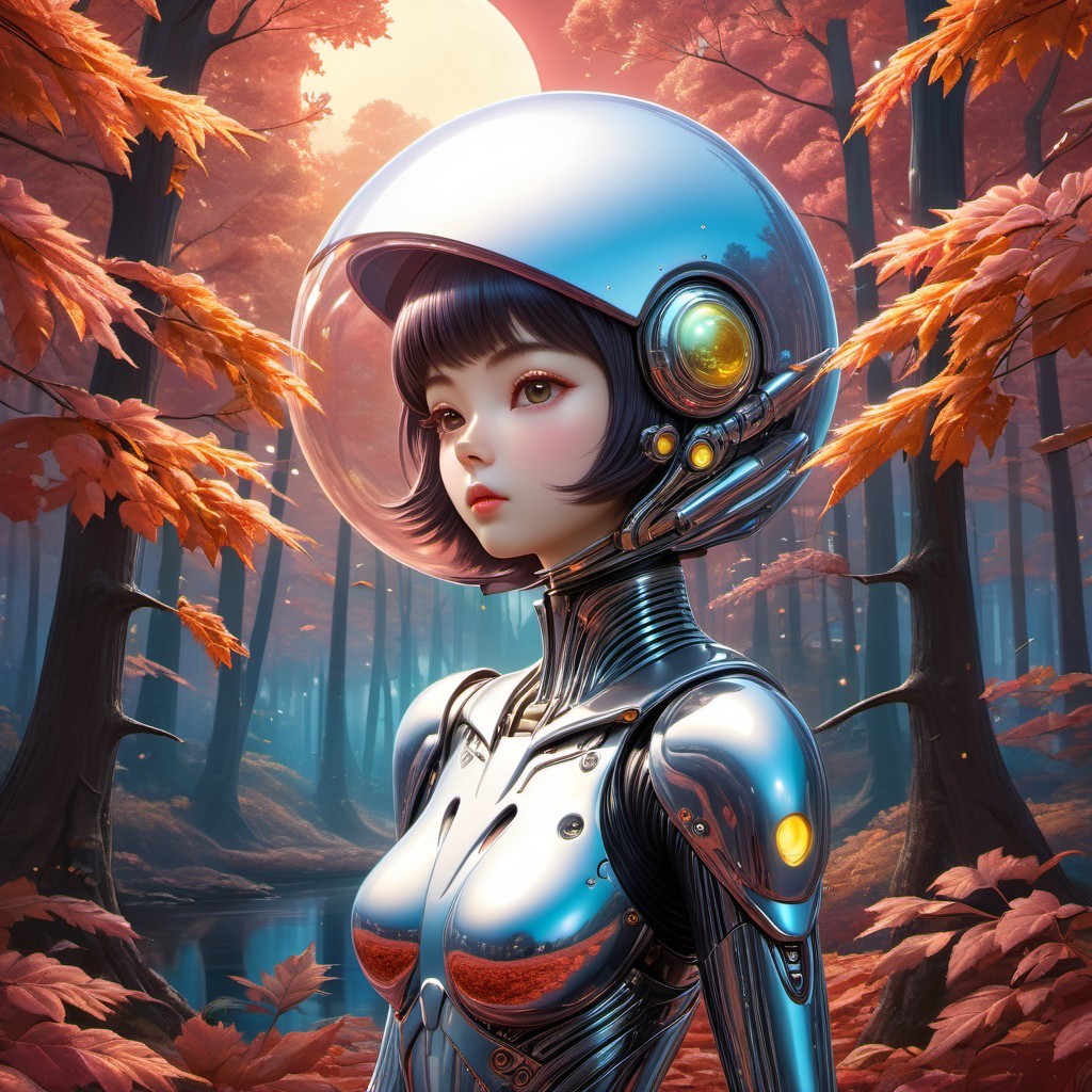 Futuristic Robot in Vibrant Autumn Forest Setting