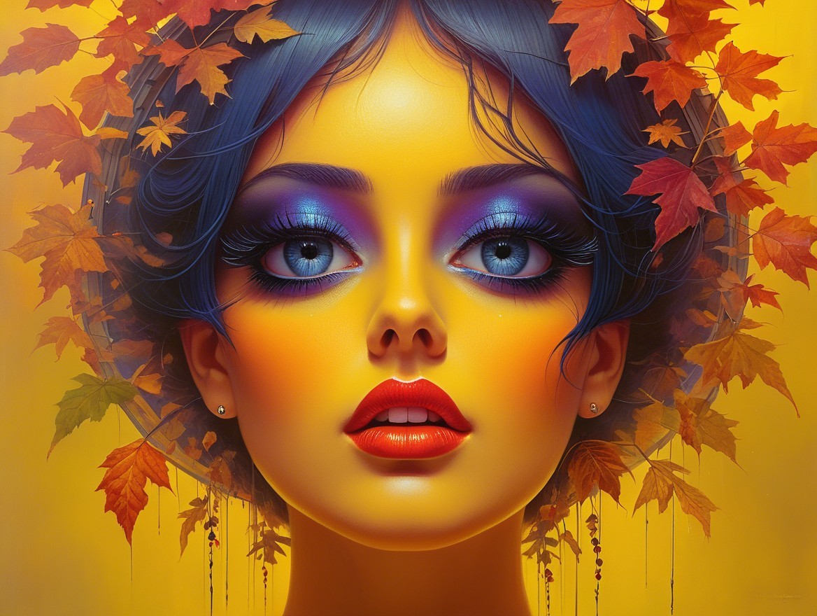 Portrait of a Woman with Blue Hair and Autumn Leaves