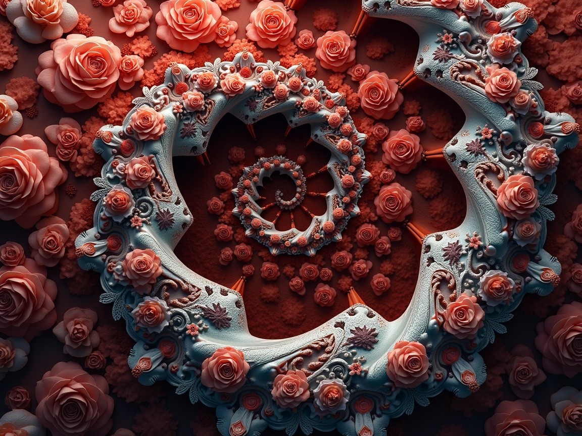Intricate Spiral Design with Roses and White Elements