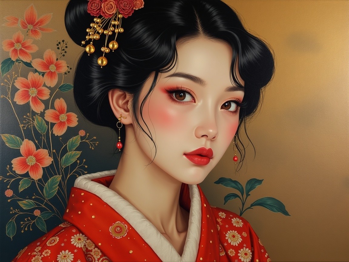 Young Woman in Traditional Attire with Bold Makeup