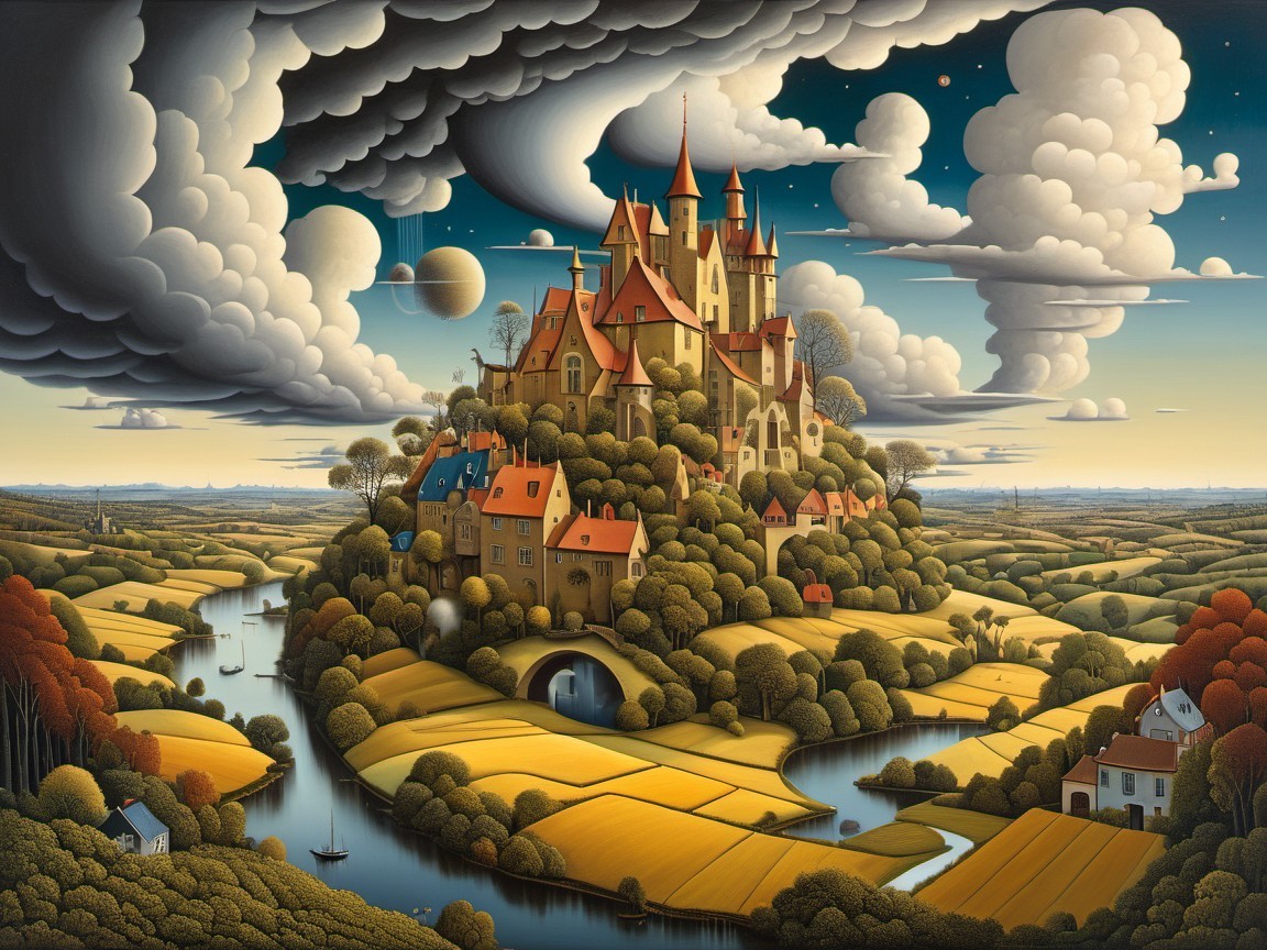Whimsical Landscape with Castle and Dreamlike Elements