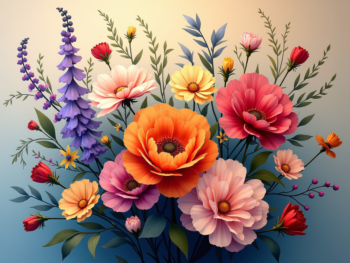 Vibrant Floral Arrangement with Diverse Blossoms and Greenery