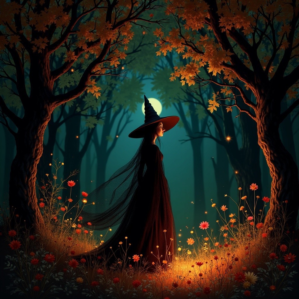Mystical Forest Scene with Enchanting Figure and Lights