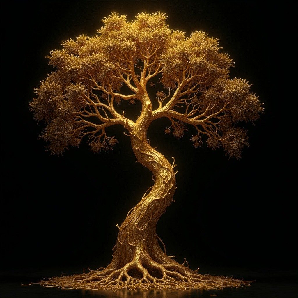 Golden Tree with Twisted Trunk and Luminous Foliage