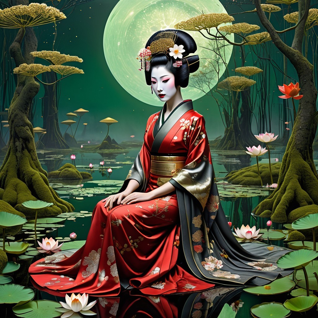 Woman in Kimono by Tranquil Pond with Lotus Flowers
