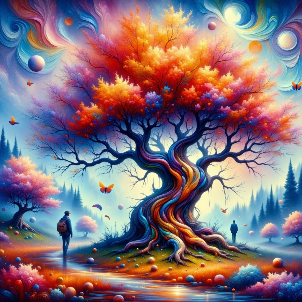 Surreal Landscape with Colorful Tree and Figures