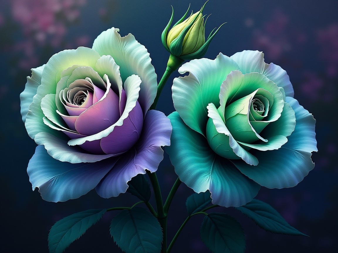 Two Intricate Roses in Purple and Green Hues