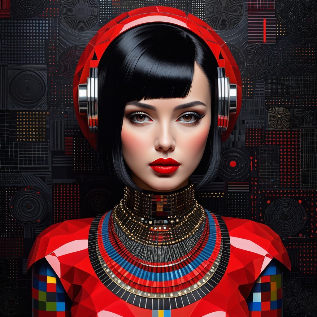 Futuristic Woman in Geometric Outfit and Headphones