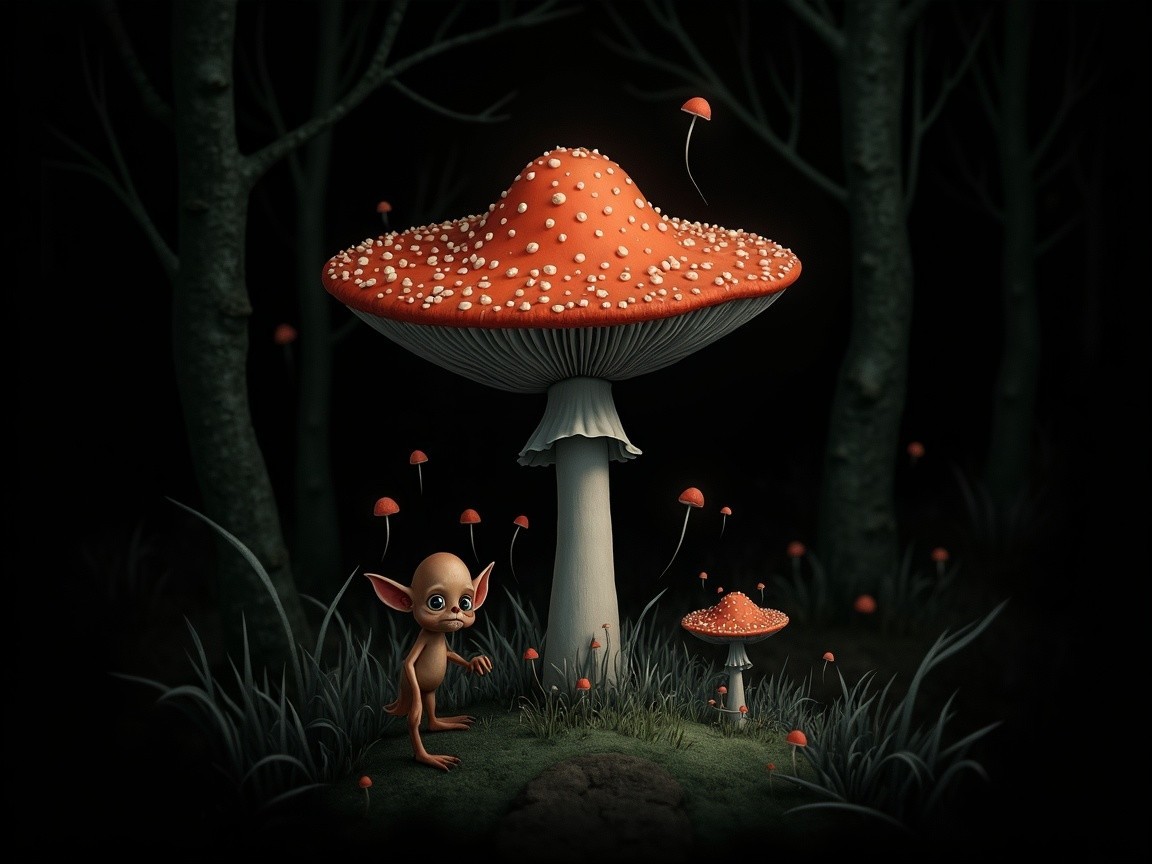 Orange Mushroom in Enchanted Forest with Curious Creature
