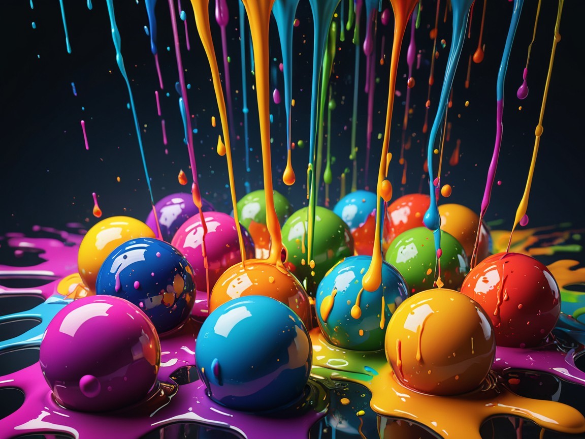 Colorful Spheres in Paint Pool with Dripping Hues