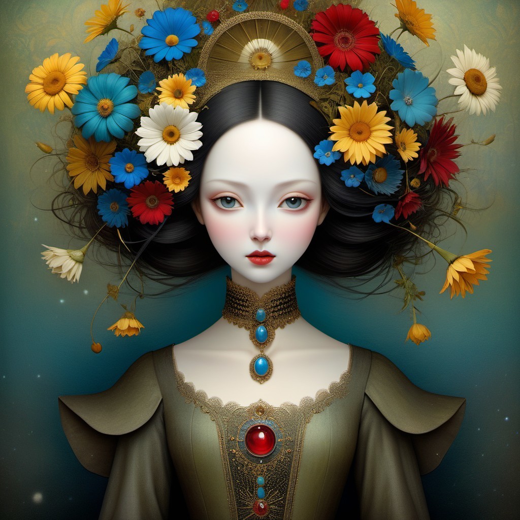 Whimsical Woman with Floral Crown and Regal Outfit