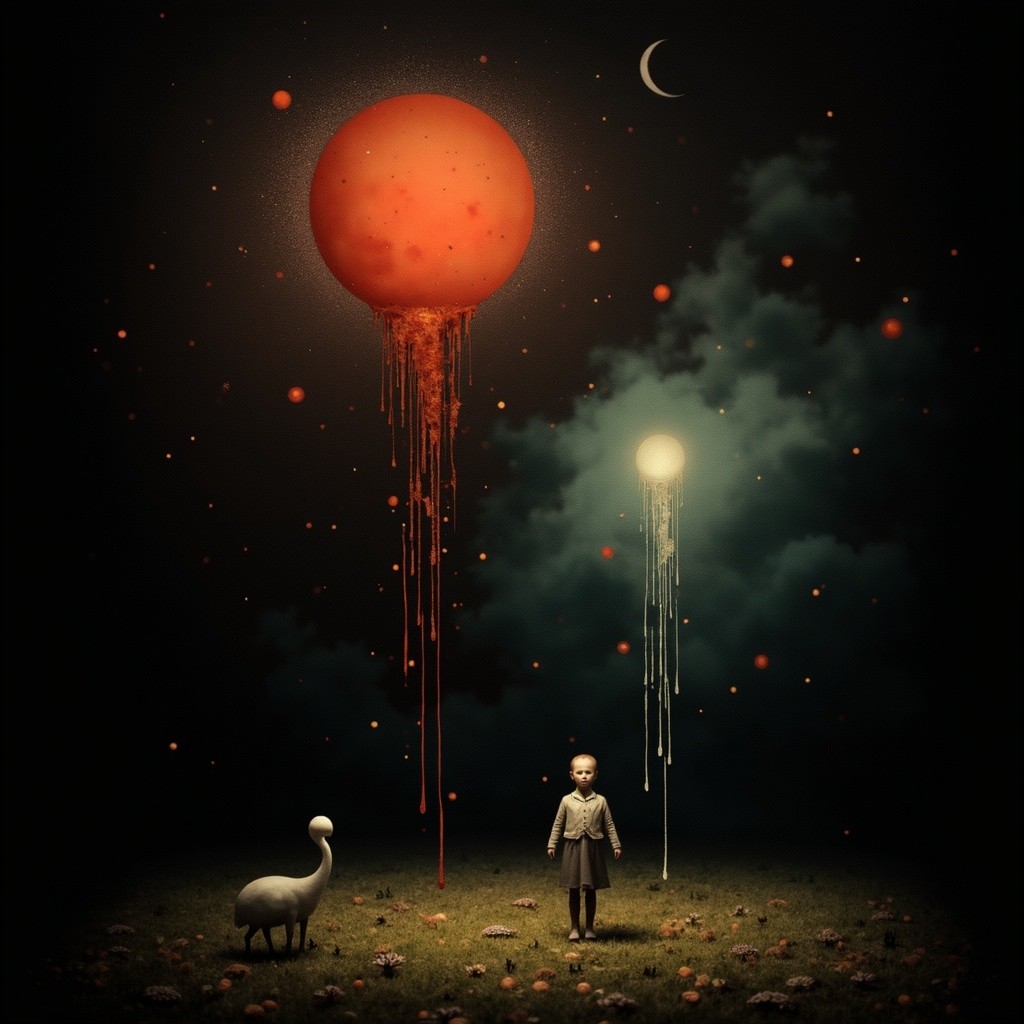 Surreal Scene of Child Under Dual Dripping Suns