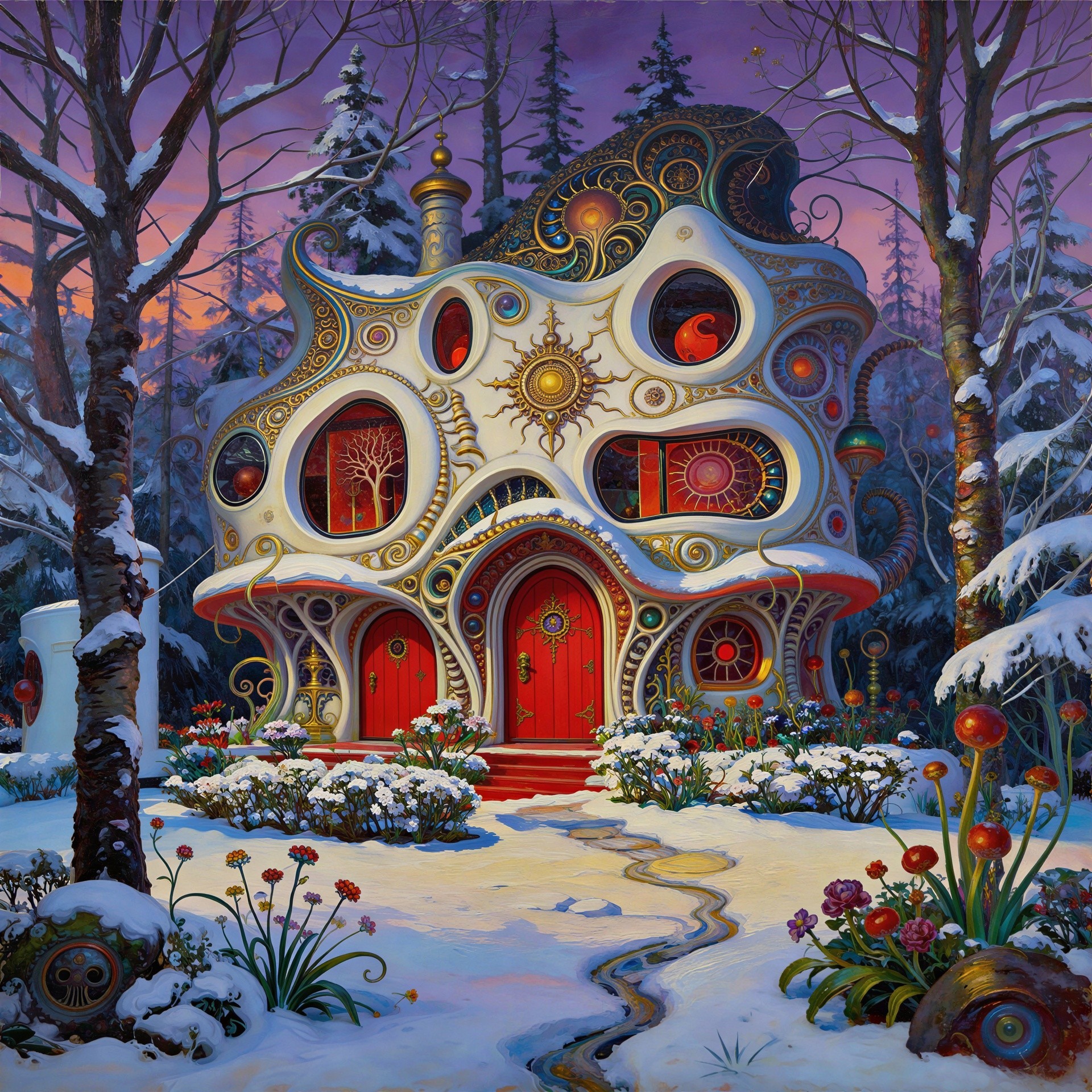 Surreal Snow-Covered House in Twilight Forest Setting