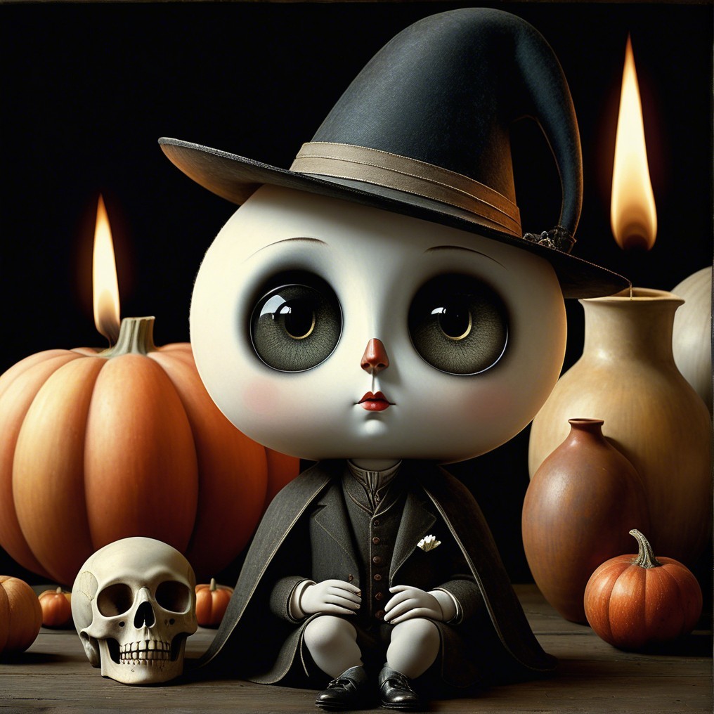 Whimsical Witch Doll Surrounded by Halloween Decor