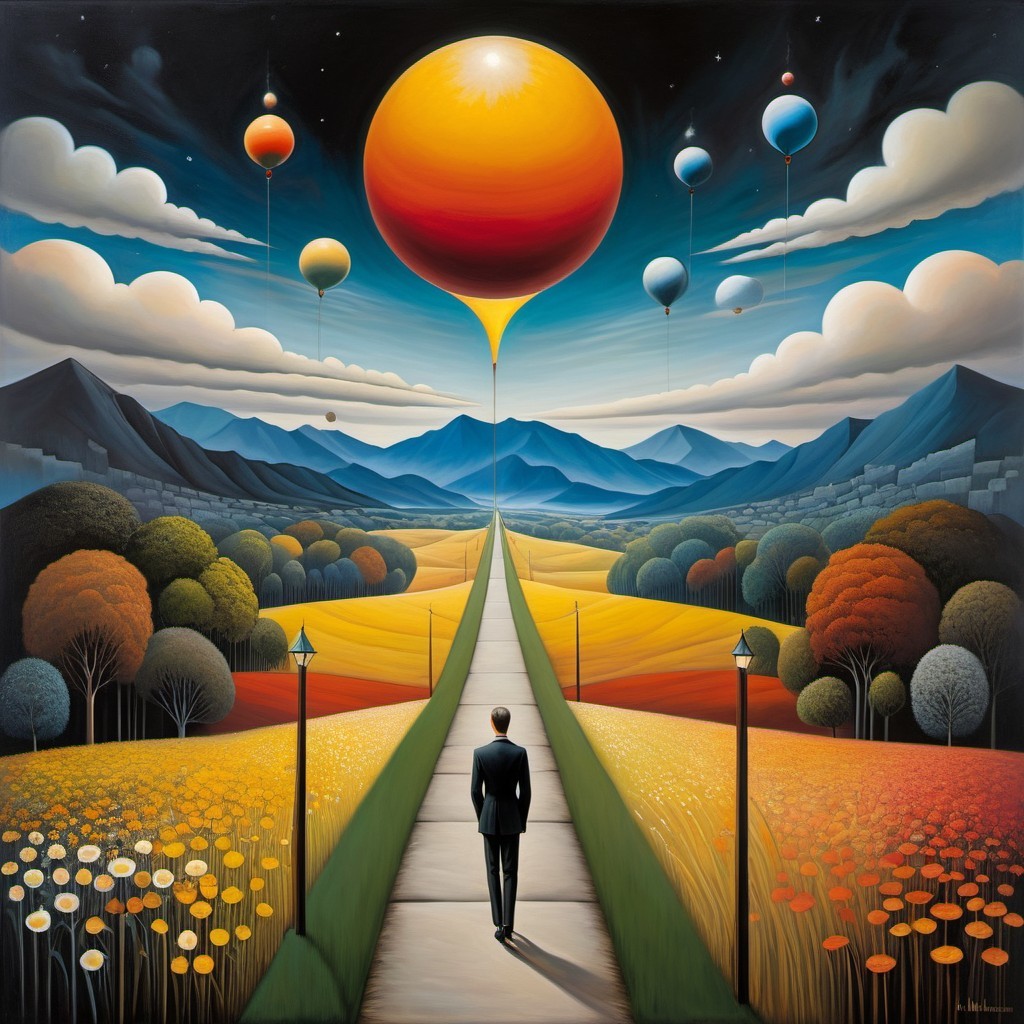 Lone Figure in Suit Among Vibrant Flower Fields