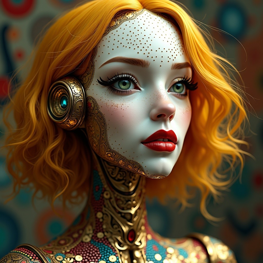 Stylized Portrait of a Female Figure with Orange Curls