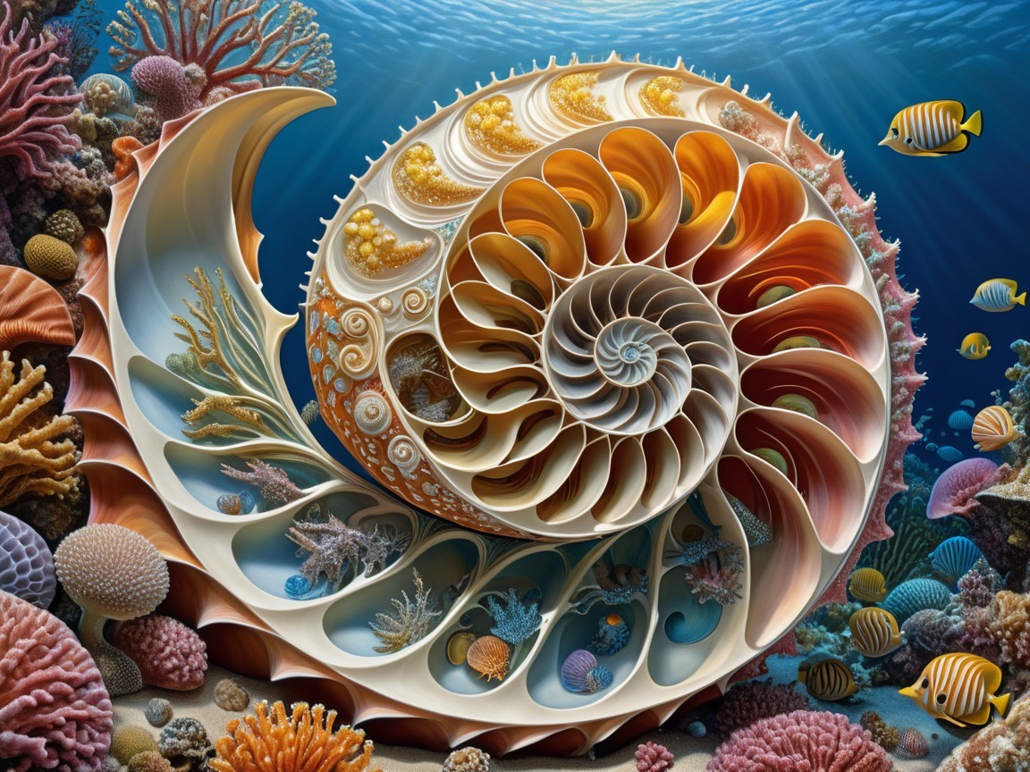 Vibrant Underwater Scene with Nautilus Shell and Corals