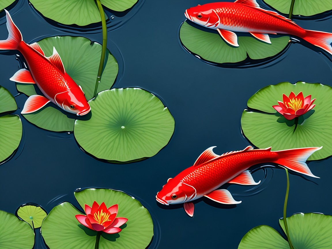 Vibrant Koi Fish Among Lily Pads and Water Lilies