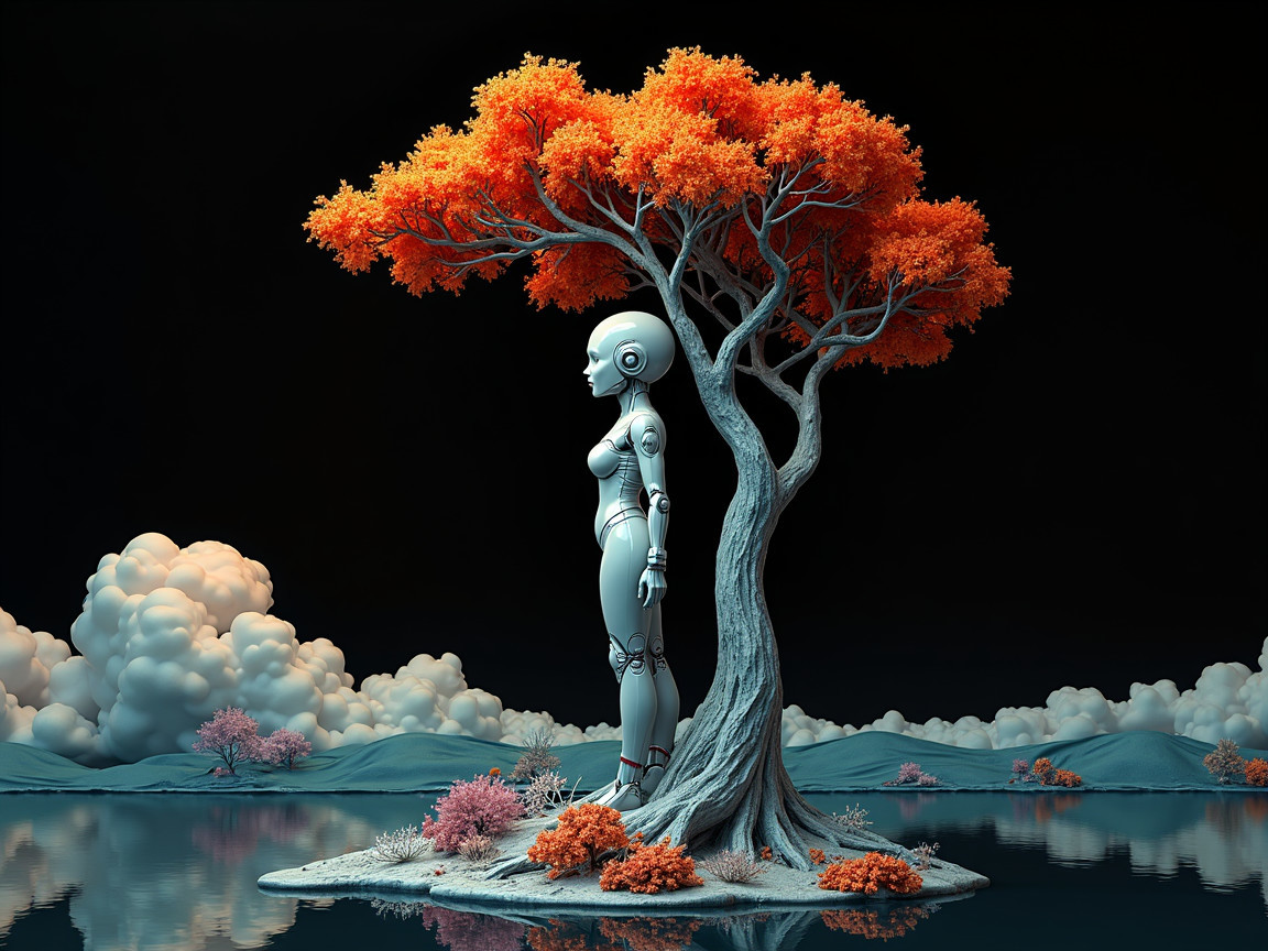 Futuristic Robot Beside Orange Tree in Serene Landscape