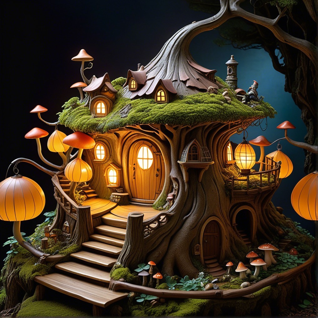 Whimsical Treehouse Among Twisting Branches and Lanterns