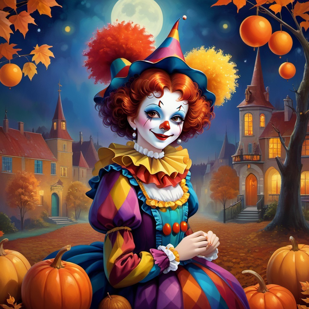 Cheerful clown in autumn scenery with pumpkins and leaves