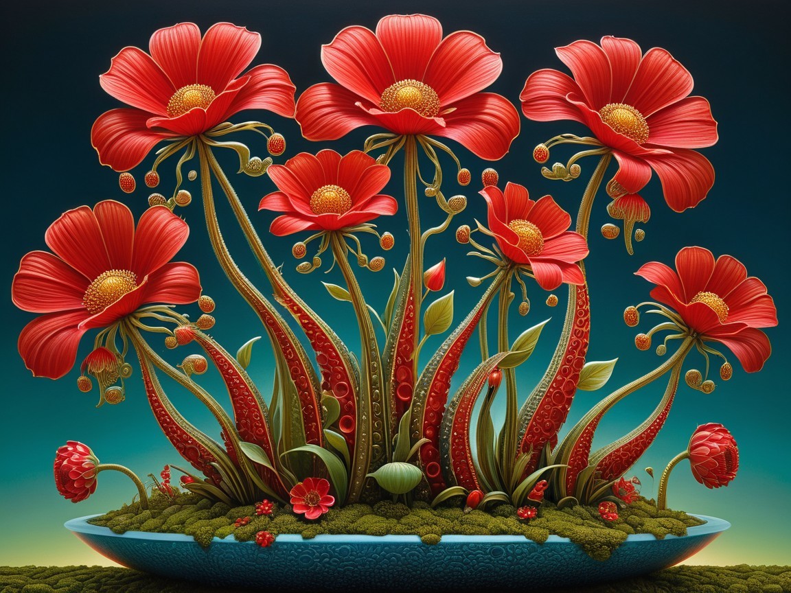 Bold Red Flowers in a Circular Blue Bowl Arrangement