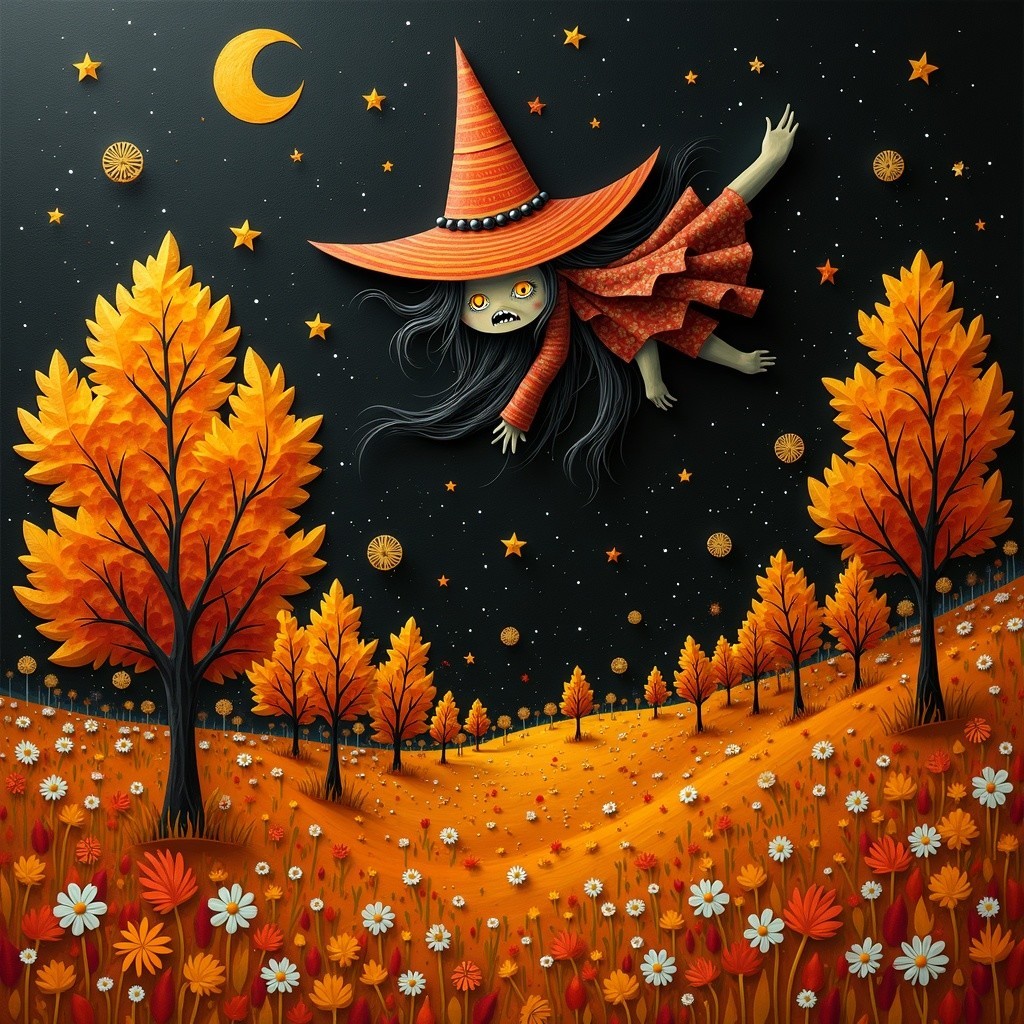 Whimsical Night Scene with a Cheerful Witch Flying