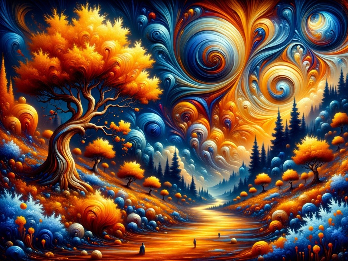 Vibrant Landscape with Colorful Patterns and Tree