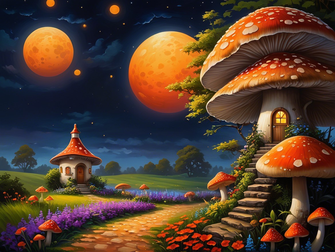 Whimsical Landscape of Colorful Mushroom Houses