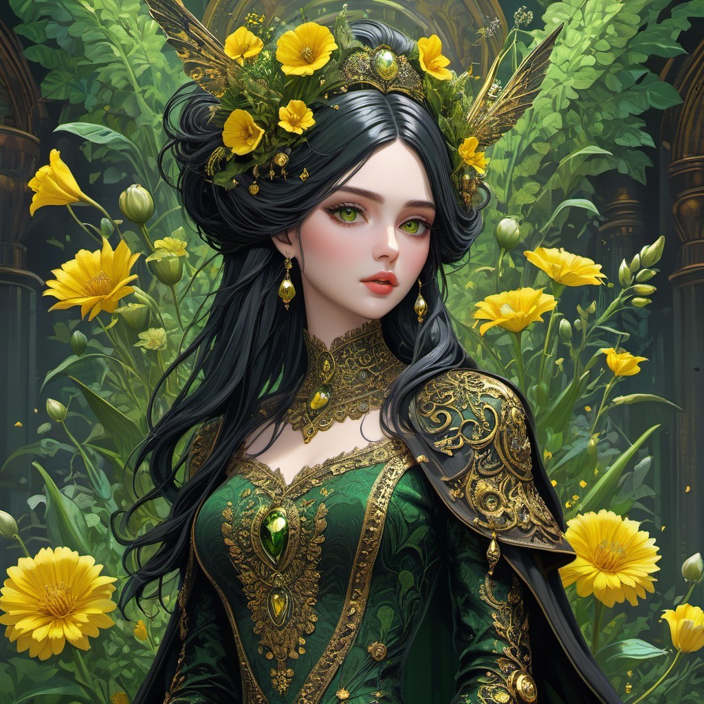 Woman in Green Gown Surrounded by Yellow Flowers