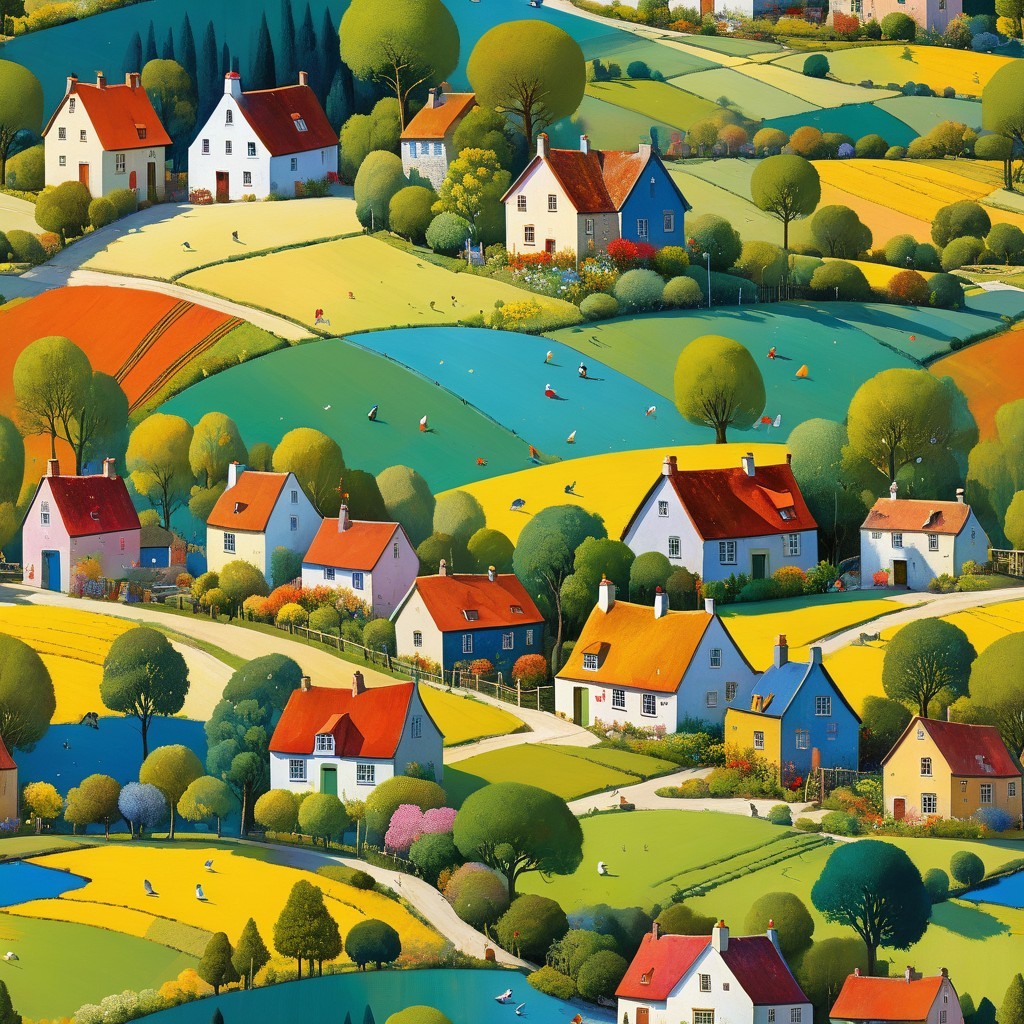 Vibrant Rural Landscape with Rolling Hills and Houses