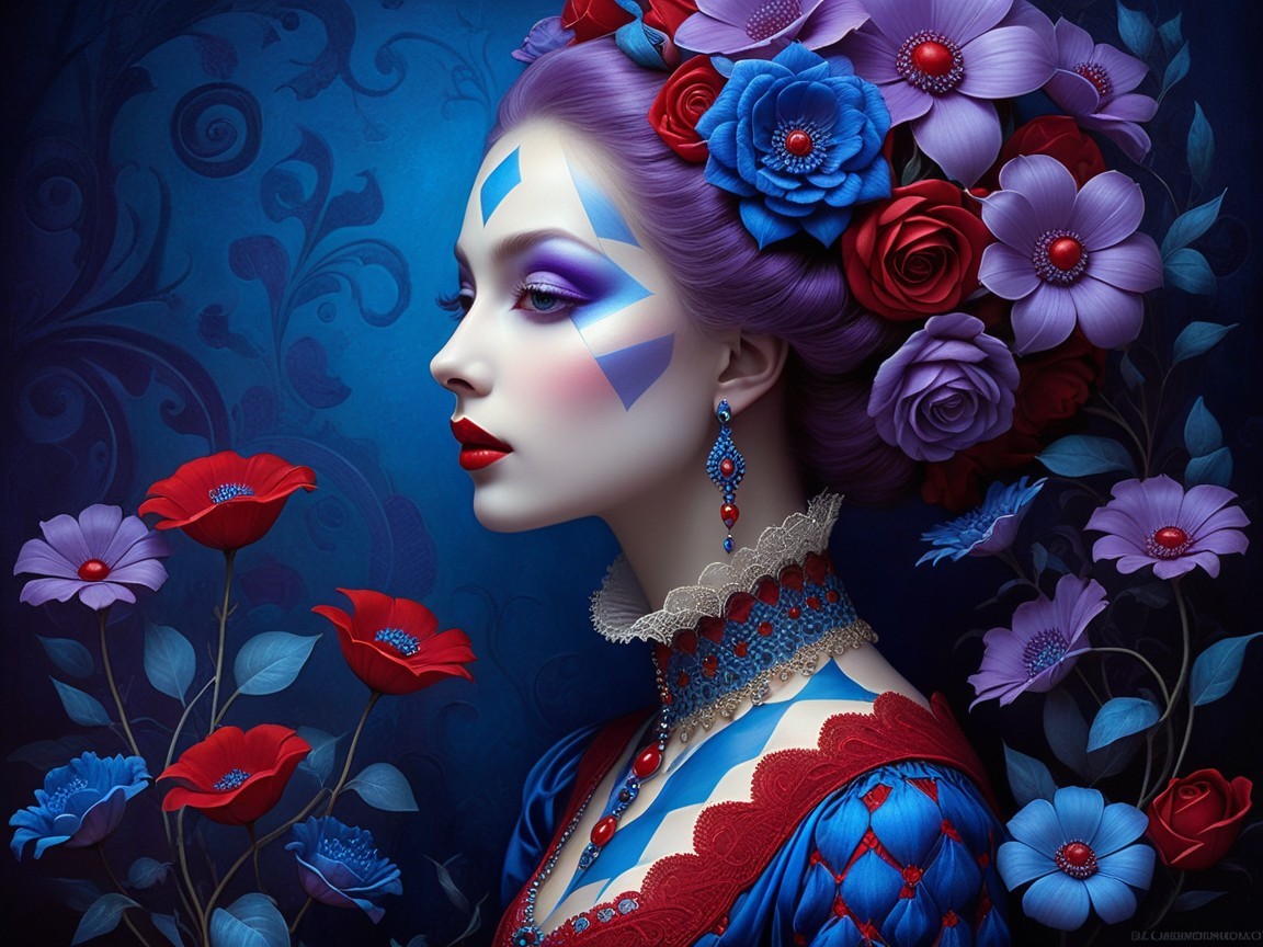 Portrait of a Woman with Purple Hair and Floral Crown