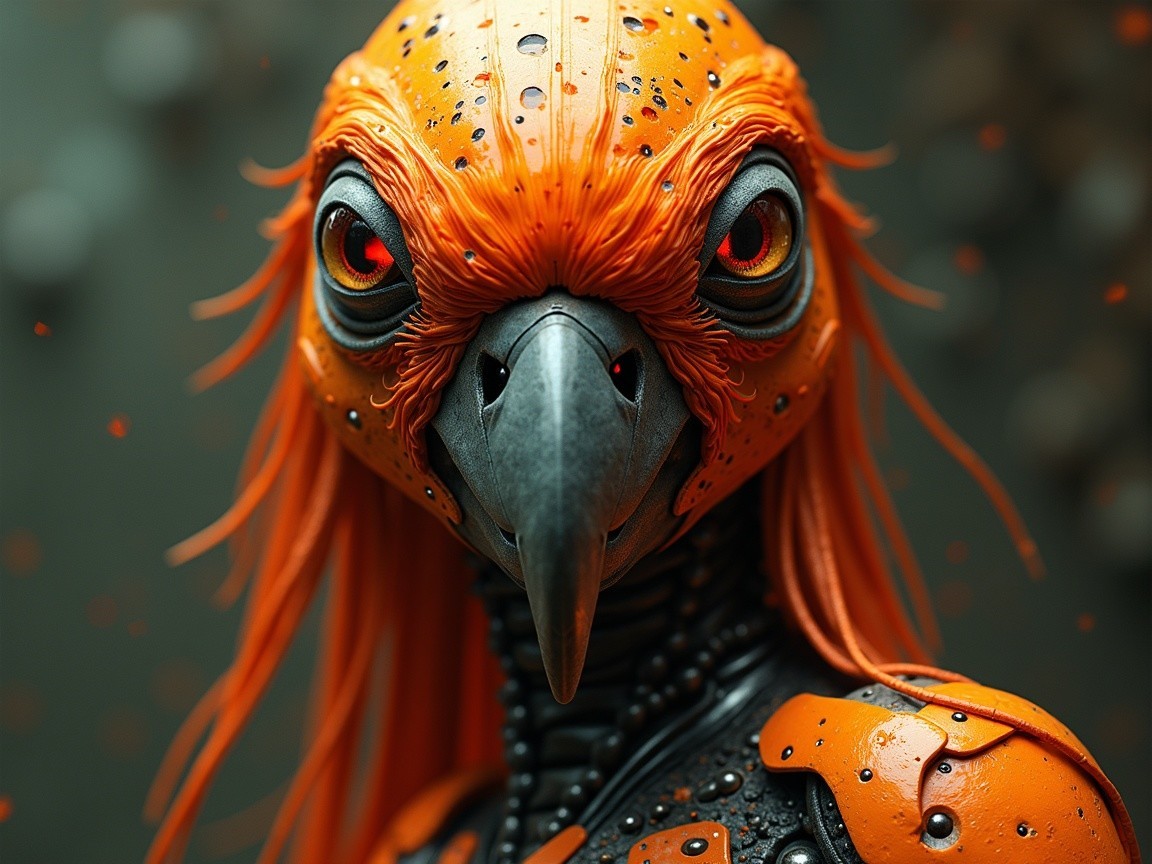 Futuristic Bird Creature with Orange Feathers and Red Eyes